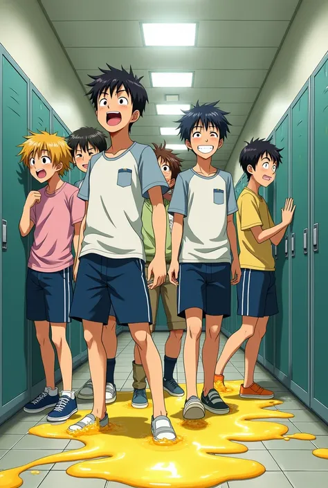  High School Boys　peeing
Stains 　 pee overflow out of pants
Japanese animation