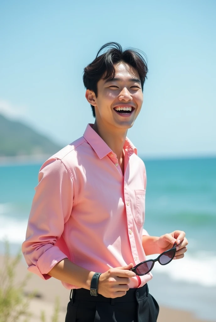 A cinematic Leica portrait of a handsome Korean male laughing, holding a pair of sunglasses , wearing a short pink shirt dress and black pants,  his face turned to the camera , blushed cheeks , bright colors,  ocean view in the background ,  sunny day .  T...