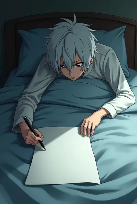 A half-folded letter on a table , And on a bed a little far from the table a red-eyed albino man lying down while holding a pen in his hand,  him being sad in bed watching in the distance the letter in anime 