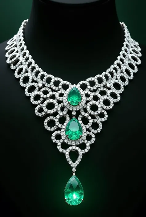 Design an elegant and elegant necklace made of diamond ring rows and in the middle an emerald in the shape of a waterdrop