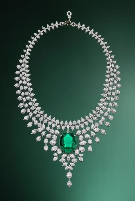 Design an elegant and elegant necklace made of diamond ring rows and in the middle an emerald in the shape of a waterdrop