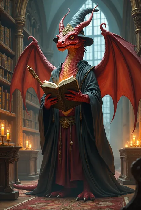 A dragon library with the red dragon in witchs clothing with wand and book