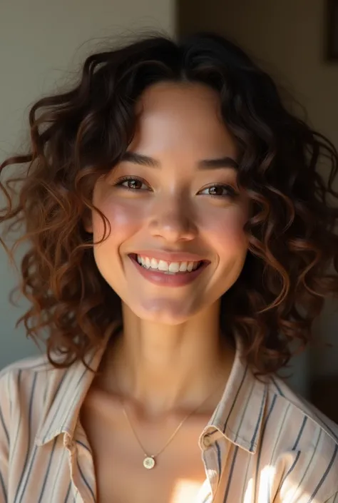 Portrait of a woman with medium-length, voluminous curly hair in dark brown tones with lighter highlights, wearing a soft smile and a serene expression. She has fair skin with light natural makeup that highlights her cheekbones. The lighting is soft and na...