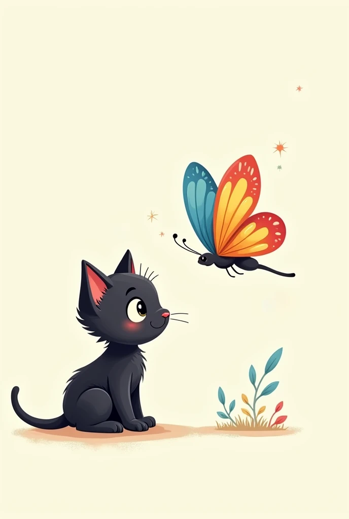 in the center, There is a black kitten , Small and tender, On the other side there is a very beautiful butterfly of many colors. What is a cartoon drawing 