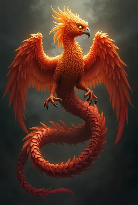 A phoenix with a blended appearance like that of a snake,  with its reddest color with orange feathers . The yellow eyes. RPG character with a dark background .