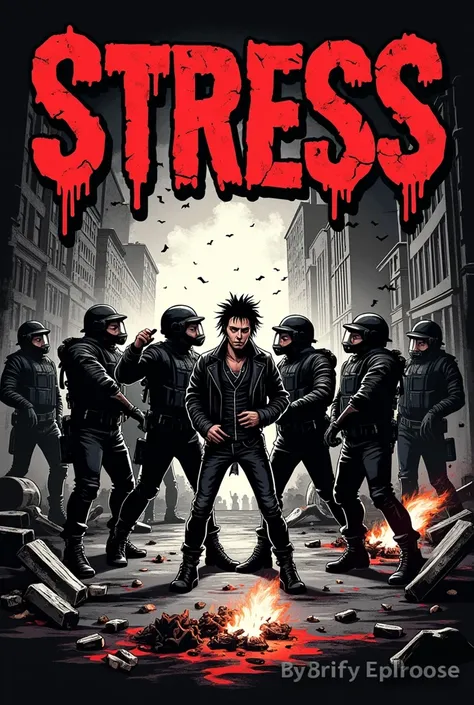 Punk musical band logo. The band is called STRESS .  In the background you can see a violent confrontation between punks and cops. There is fire, chaos and barricades .