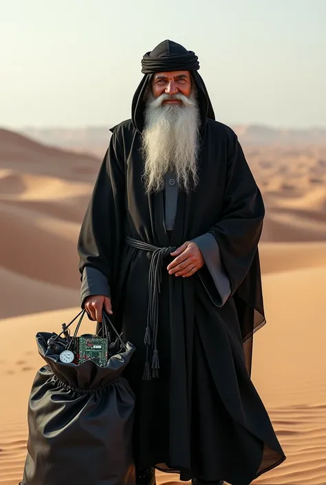 Make me a Santa Claus but dressed in black but that Santa Claus is in the desert with a gift bag and that inside the bag there are technological things and that he is an Arab Santa Claus