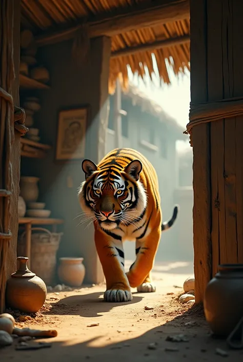 A small tiger inside home, a village house, fear tiger, 