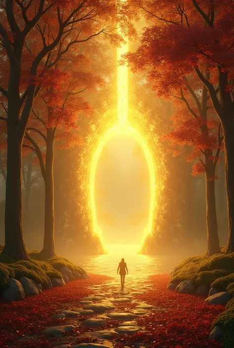 a golden multidimensional portal  ,  before arriving at the dooraswill there be trees on the way with green leaves and red leaves fallen to the ground reminding of autumn ,  at the bottom of the portal will be waiting for the sea  