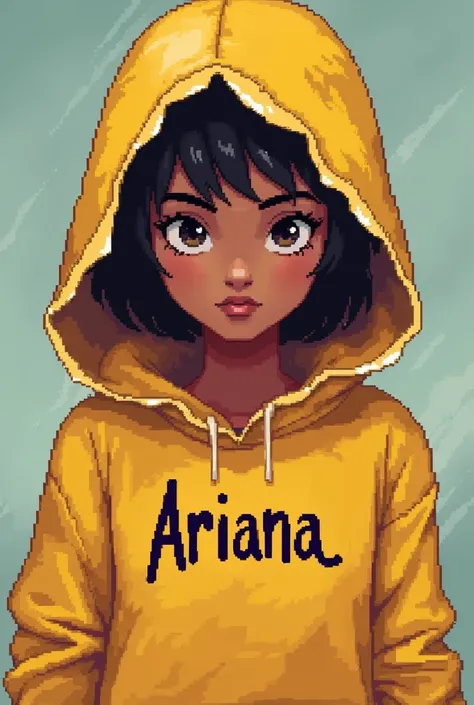 I want to create an avatar to create a pixel character Disney character must be of skin color twisted peeling light brown female with a yellow hood in the center of her of her hood place the name Ariana in style intensely of emotion representative of enthu...