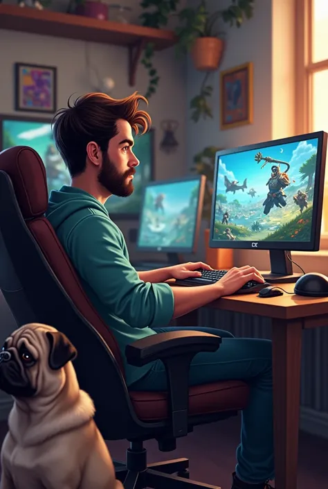 a guy playing Rakion on his PC with a pug next to him