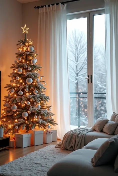 A hyper-realistic depiction of a beautifully decorated apartment living room for Christmas, with every detail in perfect harmony. The room features elegant white curtains adorned with twinkling Christmas lights, casting a soft, warm glow. A large, stunning...