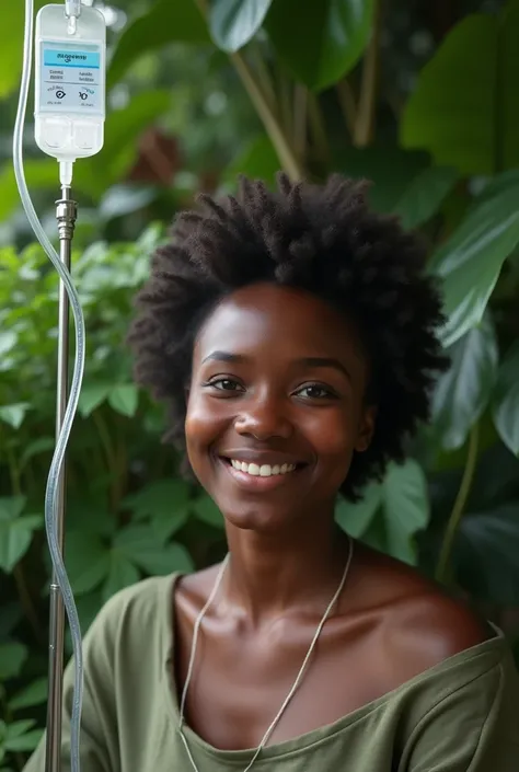 Realistic photo of a beautiful dark-skinned person smiling performing an intravenous drip, with a background with plants
