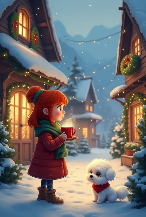 Une petite fille avec des cheveux rous et des grands eux qui voit un vin chaud dans le village de la station de ski décoré pour Noël elle est avec son bichon blanc. 