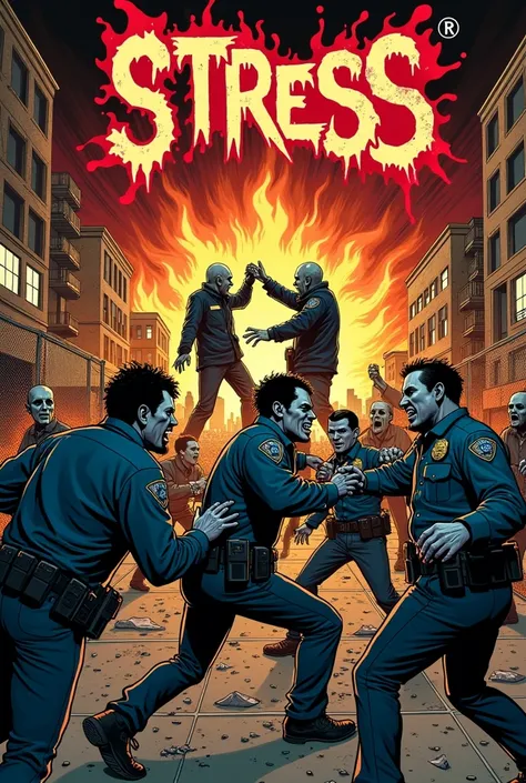 Grindcore . The band is called STRESS .  musical band logo In the background you can see a violent confrontation between zombie punks and cops. There is fire, chaos and barricades .