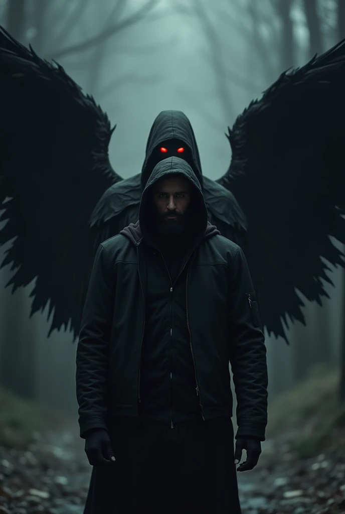 Black Angel behind a man in a jacket with red eyes 
