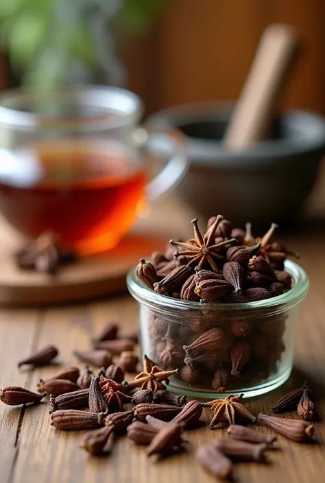 A close-up of dried clove buds placed on a wooden surface, with a warm and natural background. The scene includes a small glass jar filled with cloves and a few scattered buds nearby. In the background, faint imagery of a steaming herbal tea cup and a mort...