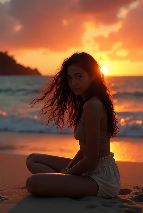 a lonely beautiful polynesian teenage girl sitting on a coastline wind blowing her long wavy hair as she wat hed the sun set