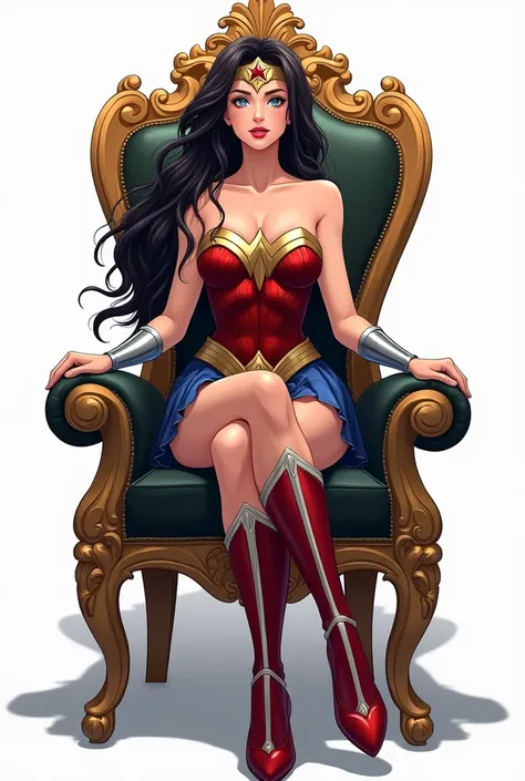 ((full body photo, standing, feet on the ground)) Wonder Woman, masterpiece, best quality, (sitting on throne, cross-legged, showing off her feet), highly detailed, score_9, score_8_up, score_7_up, score_6_up, anime font,BREAK, 2girl, solo, long hair, blue...