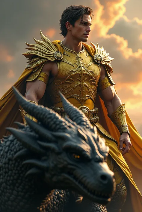  Handsome man with straight brown hair and green eyes, golden warrior dress riding a black dragon.