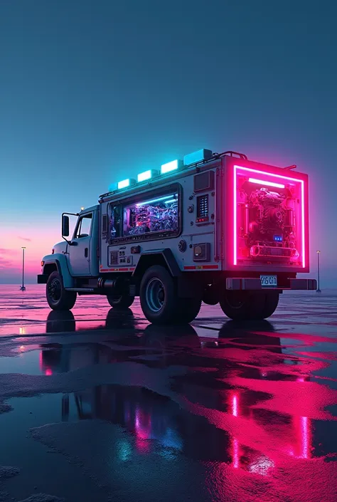   theres a truck with a generator in the back, concept art by Trevor Brown  , Behance contest winner, Digital Art,  mechanical features and neon , Commercial illustration,  glowing bright instruments , album art,  vehicle illustration , style hybrid mix of...