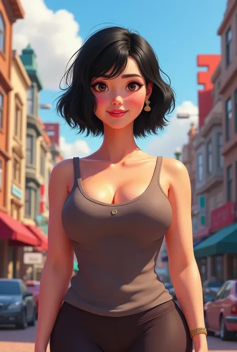  30-year-old woman .. Chubby of a , 60 short black hair up to the shoulder and peaked tips and the eyes are yielding and a bit poked in the corner, Big boobs and medium pussy and big ass .  And medium chubby face Disney Pixar image in the background in the...