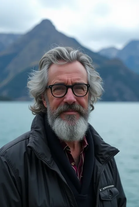   shaggy man with beard and dark glasses standing in front of the ocean, ocean in the background, the ocean in the background,  mountains in the background , with  mountains in the background , mountain in the background, mountain in the background, Gray h...