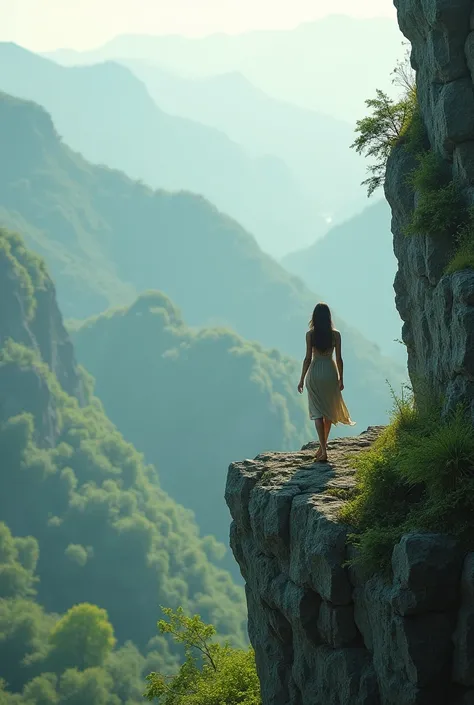 One woman  walking cliff standing hill rock walking png  looking all green screen 8k 
