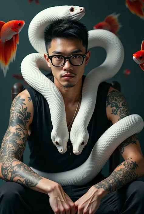 white snake wrapped around an asian guy wearing black tattoo, wearing black glasses sitting on a chair and colorful betta fish swimming