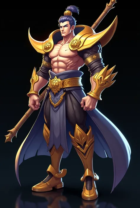  Anime style hero gatot glass mobile legend,muscular stocky body , wears epic combat armor , with golden dragon head arms , gold belt ,carried away by the wind, carries Japanese-style bamboo umbrella weapon ,standing staring intently ,wearing stockings ,bl...