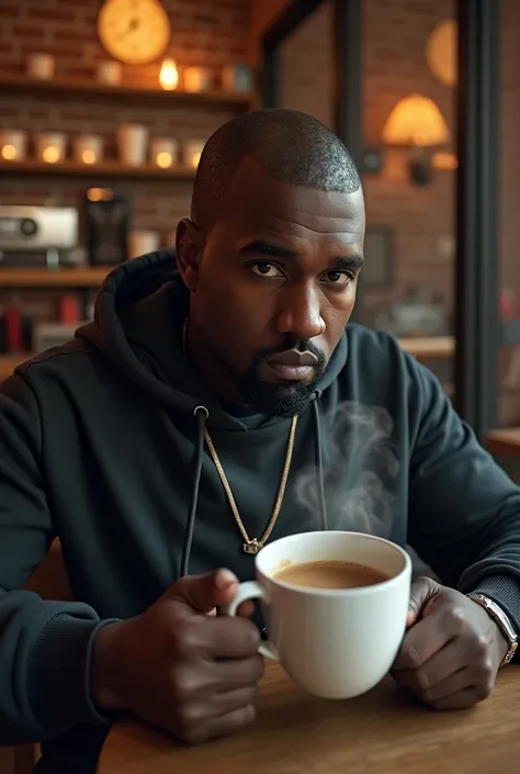 Create Kanye West holding a white cup of coffee in a coffee shop