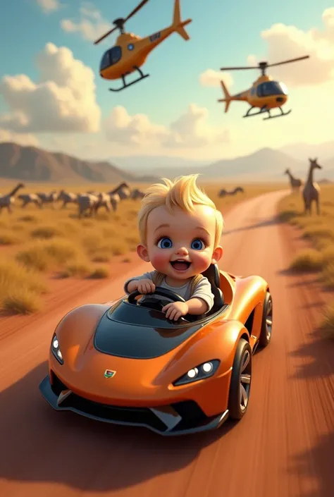  A European baby with blond hair and blue eyes sits in an orange Hot Wheels Exotic with a sophisticated sporty design and shiny wheels.  He holds the wheel with excitement .  The setting is a racetrack in the middle of a savanna , with zebras and giraffes ...