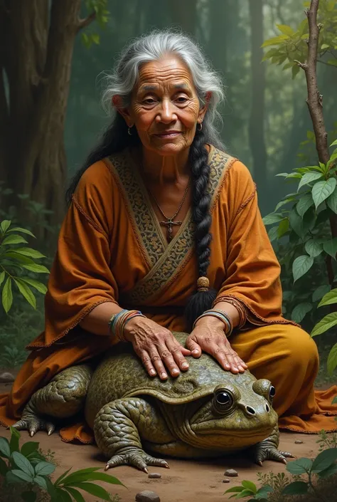 Elderly indigenous woman stroking a large toad