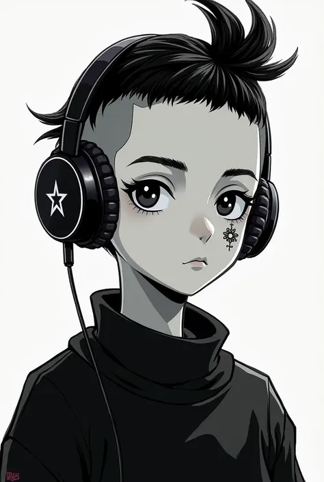  I need you to draw me a picture of a boy from the waist up. He must have headphones , , his hair tied in the shape of a round and shaved at the sides ,  a star around an eye and a black sweater . In addition, he must have black hair . With respect to the ...