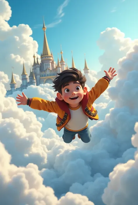 Generate in cinematic 3d cartoon style 
The young man flying freely among the clouds, with the palace in the background.