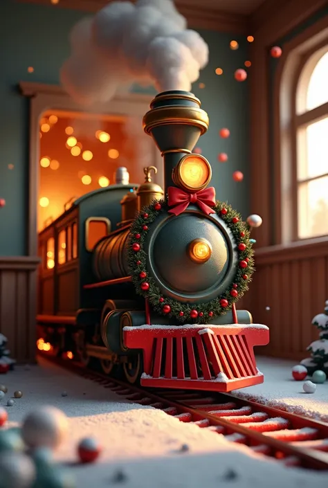 Create a 3D image as if a Christmas train comes out of the wall