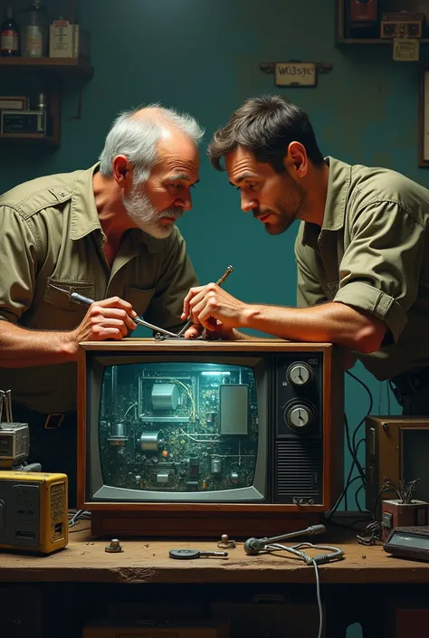 Two men working on a television 