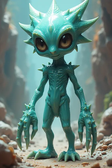 An alien having blue green sticky body, spikes coming out from his body, anime figure, big white eyes,  hands turned into weapons 