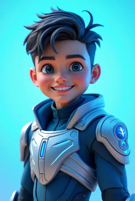 Create a scifi boy worrior with light blue background and him smiling 