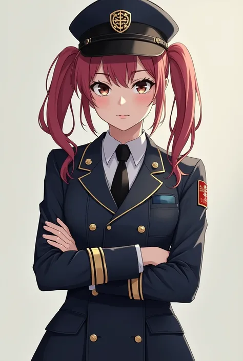 (masterpiece,  best size :1.2), cowboy shot, One,  1girl,  Alicia Melchiott ,  ulybka,  looking at the viewer ,  arms crossed, twintails,  headwear , military uniform, tie, hips