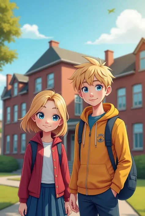 In front of a school, a boy and a schoolgirl, a blond, blue-eyed 18-year-old with slanting eyes, create an eTwinning banner on it 