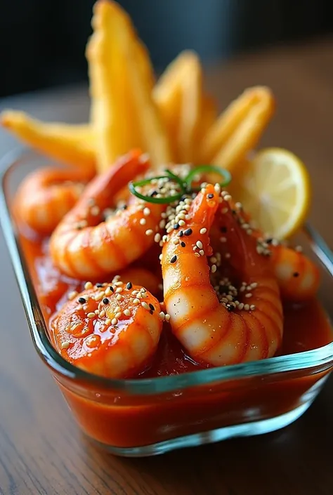 Seafood with red sauce and sesame seeds with fried yuccas in a glass container