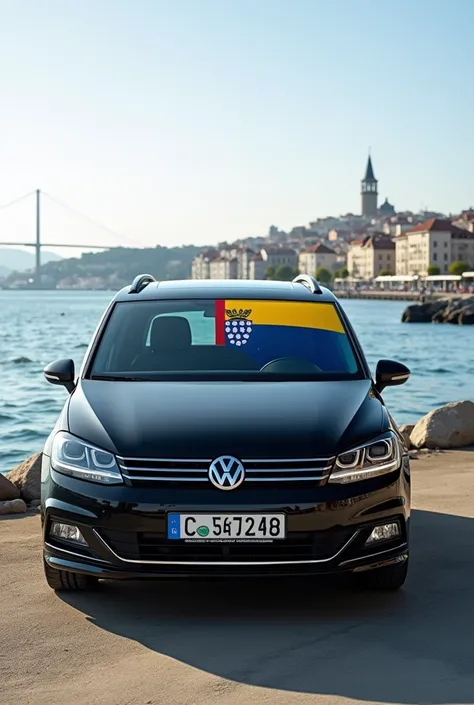 Black Touran 2019 with bosnian flag on the windshield, vw wheels 16 ", Bosnia and Herzegovina plates,parked on the beachside in the Instanbul