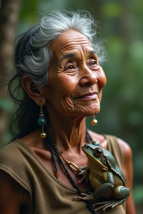 Elderly indigenous woman smiling and looking to the left at a large toad on her chest