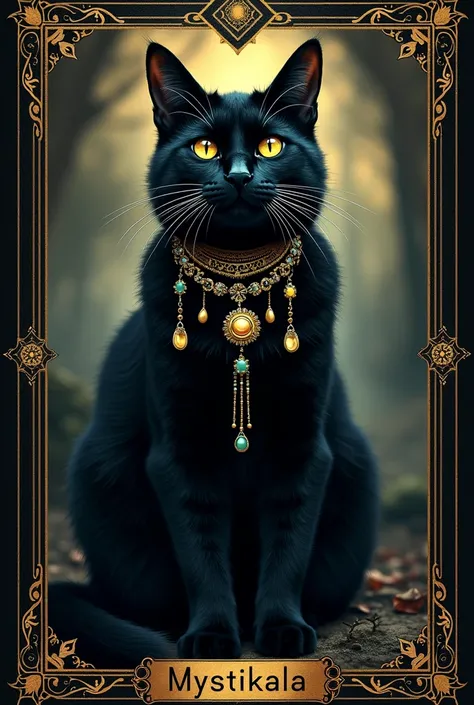 Tarrot card  writing "mystikala" as brand name black cat on the middle wearing jewellery witchy vibe