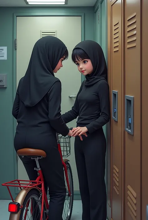 Asian sissy teen boy ,bare ass ,submissive ,spanked by two girls in niqab , bare ass, ass view, in locker on bicycle، ass fingered ,anime