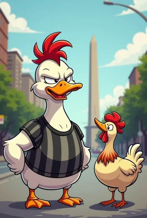 A strong and muscular white duck ,  wearing a vertical striped shirt in black and white, with a bad face, cartoon style,  staring at a chicken on the streets of Buenos Aires , with the obelisk in the background .