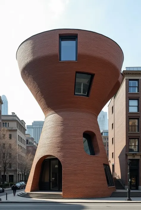  brick building shaped like a water cup, wide up and thin down , with windows