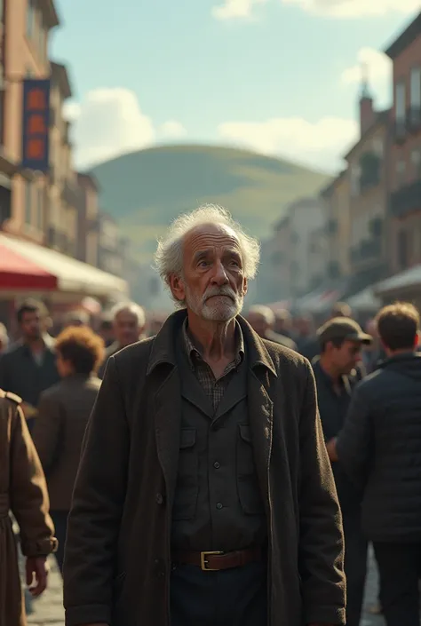 Generate an image for me where a mans gaze is lost and he is surrounded by people who look at him and go to others who are walking and the old man, when his eyes are lost, is looking at the hill in the distance