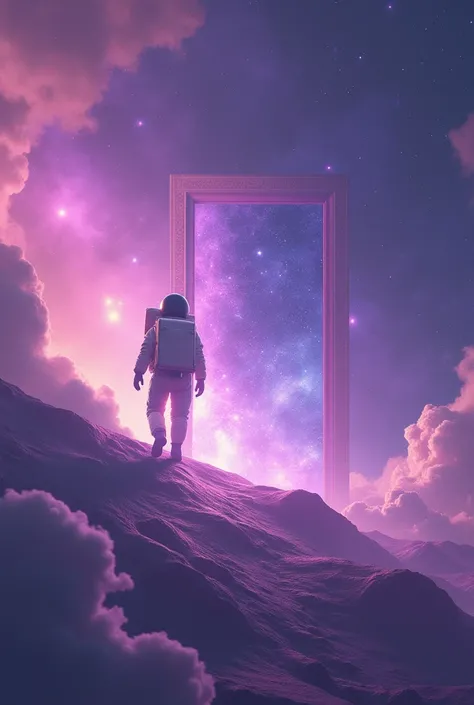 Small Astronout walking to a door in the purplish galaxy